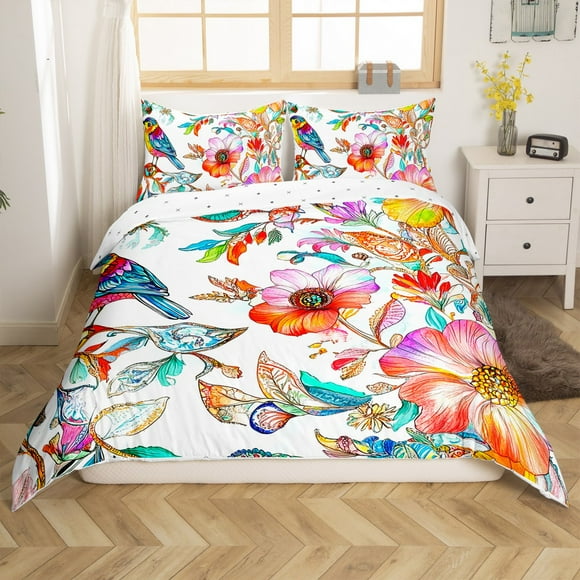 Erosebridal Watercolor Floral Comforter Cover Twin, Rainbow Gradient Blossoms Flower Bedding Twin Size, Reversible 2pcs (No Comforter)