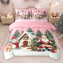Castle Fairy Santa Claus Snowman 7Pcs Bedding Comforter Set for Kids Children Boys Girls,Merry Christmas Tree Queen Bedding Sets Super Cozy,Xmas Festival Theme Queen Sheet Sets