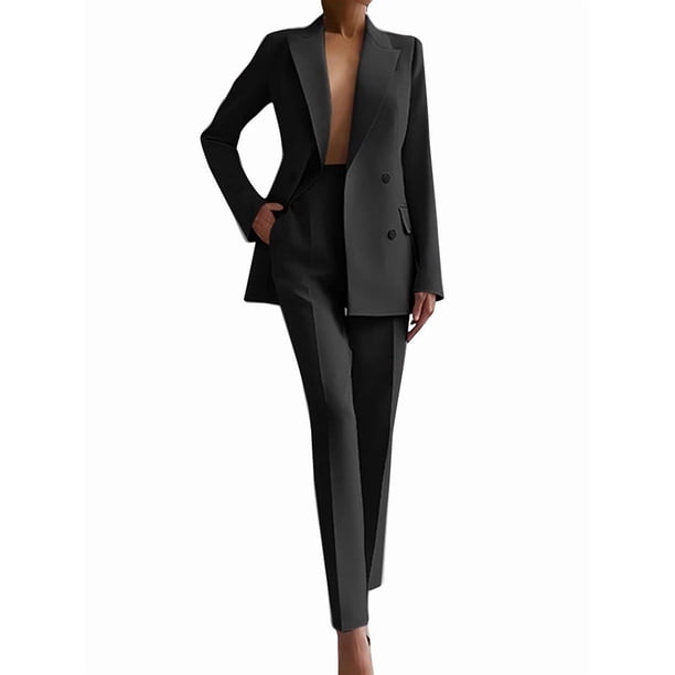 Conjuntos de Dos Piezas para Mujer: Blazer Cruzado y Pantalón Recto de Trabajo, Trajes de Negocios Elegantes e Informales Negro L
