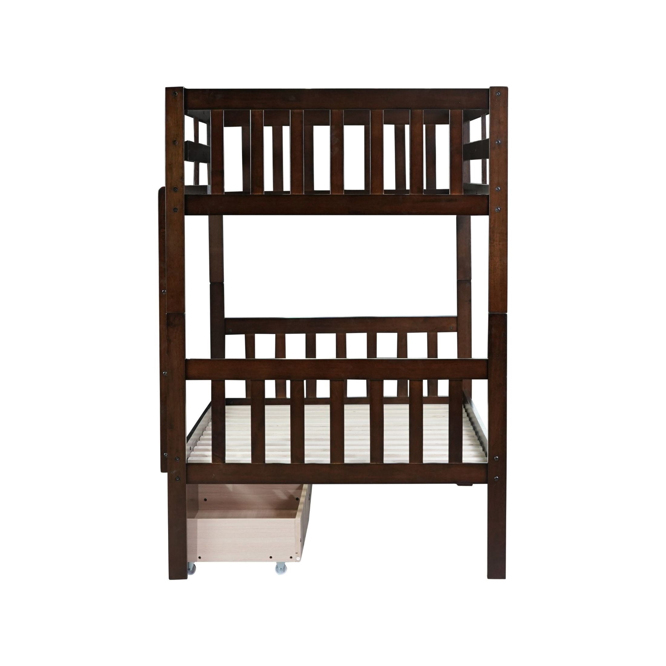 Noble House Twin Over Twin Rubber Wood Bunk Bed, Convertible Design with Ladder, Guardrails and Storage Drawers, Espresso