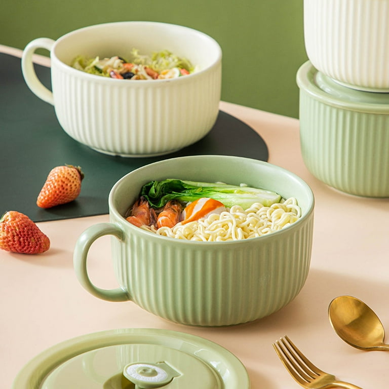 Qeeadeea Ceramic Soup Bowls With Lid Large Soup Cup With Handle Small Ramen Bowls Microwave Safe Breakfast Bowl White 18x15x8cm 800ml