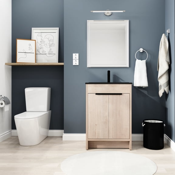 24 Inch Bathroom Vanity With Black Ceramic Sink & 2 Cabinet Doors - Modern Freestanding Plywood Made Basin Soft-close Feature Aspect