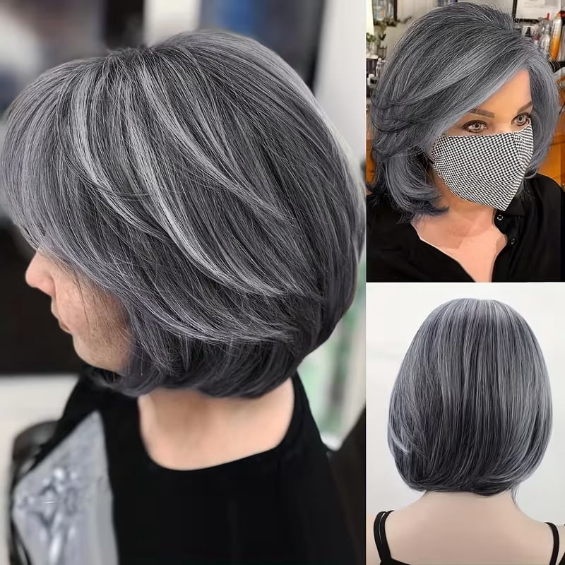 Silver layered wig for women, short straight bob with curtain bangs, suitable for daily parties, gradient color design
