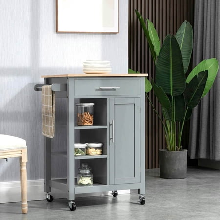 Yardi Yarda Kitchen Island Cart with Drawer Rolling Kitchen Island with Storage Shelf and Solid Wood Top for Indoor Gray