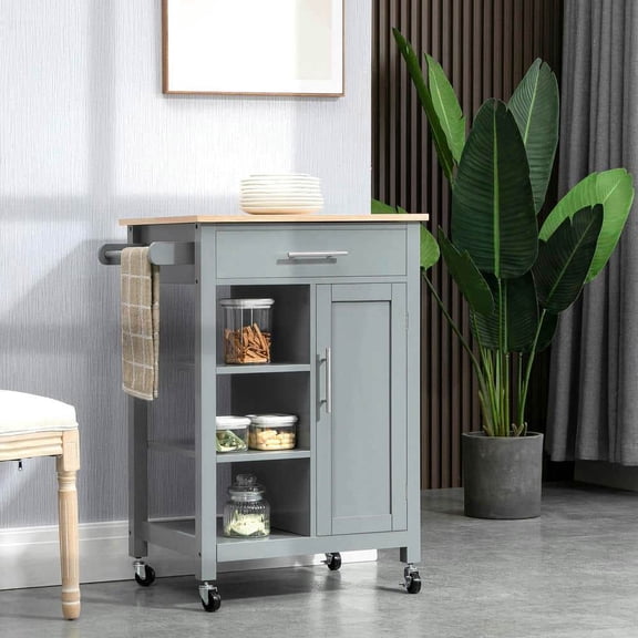 Spaco Kitchen Island Cart with Drawer, Rolling Kitchen Island with Storage Shelf and Solid Wood Top for Indoor as Kitchen, Bar, Dining Room, Gray