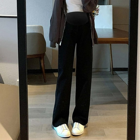 Eltusu Women Maternity Jeans, Comfy Stretch Elastic Waist Straight Leg Pregnancy Denim Pants Black Size M-2XL