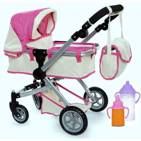 Doll Pram stroller with Swiveling Wheels & Adjustable Handle with Diaper Bag, and 2 Free Magic Bottles
