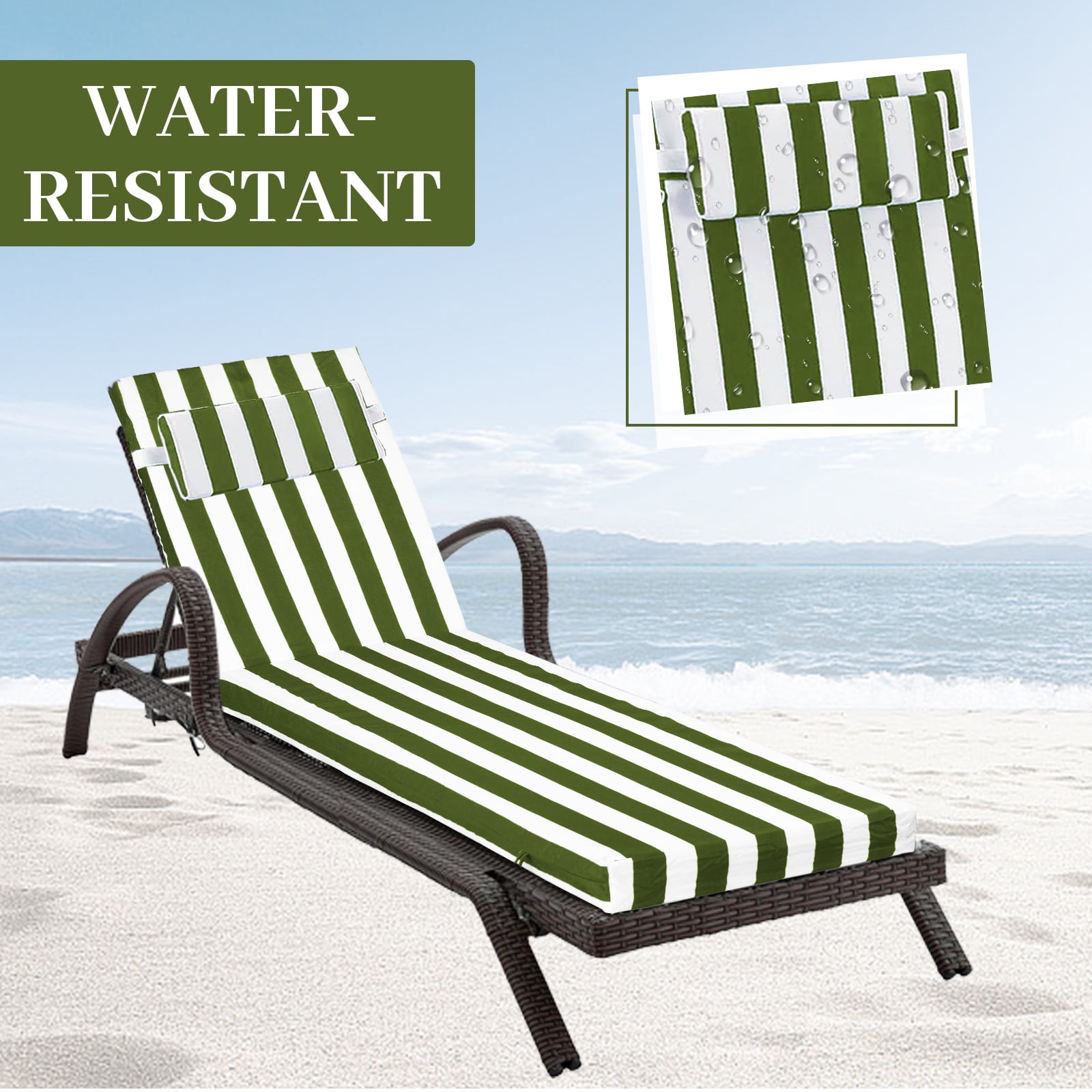 Outdoor Chaise Lounge Cushion, High-Density Foam Fill Patio Furniture Bench Cushions with Ties, Thicken Waterproof Replacement Back Chaise Cushions for Pool, Sand Beach (Grass Green White Stripes)