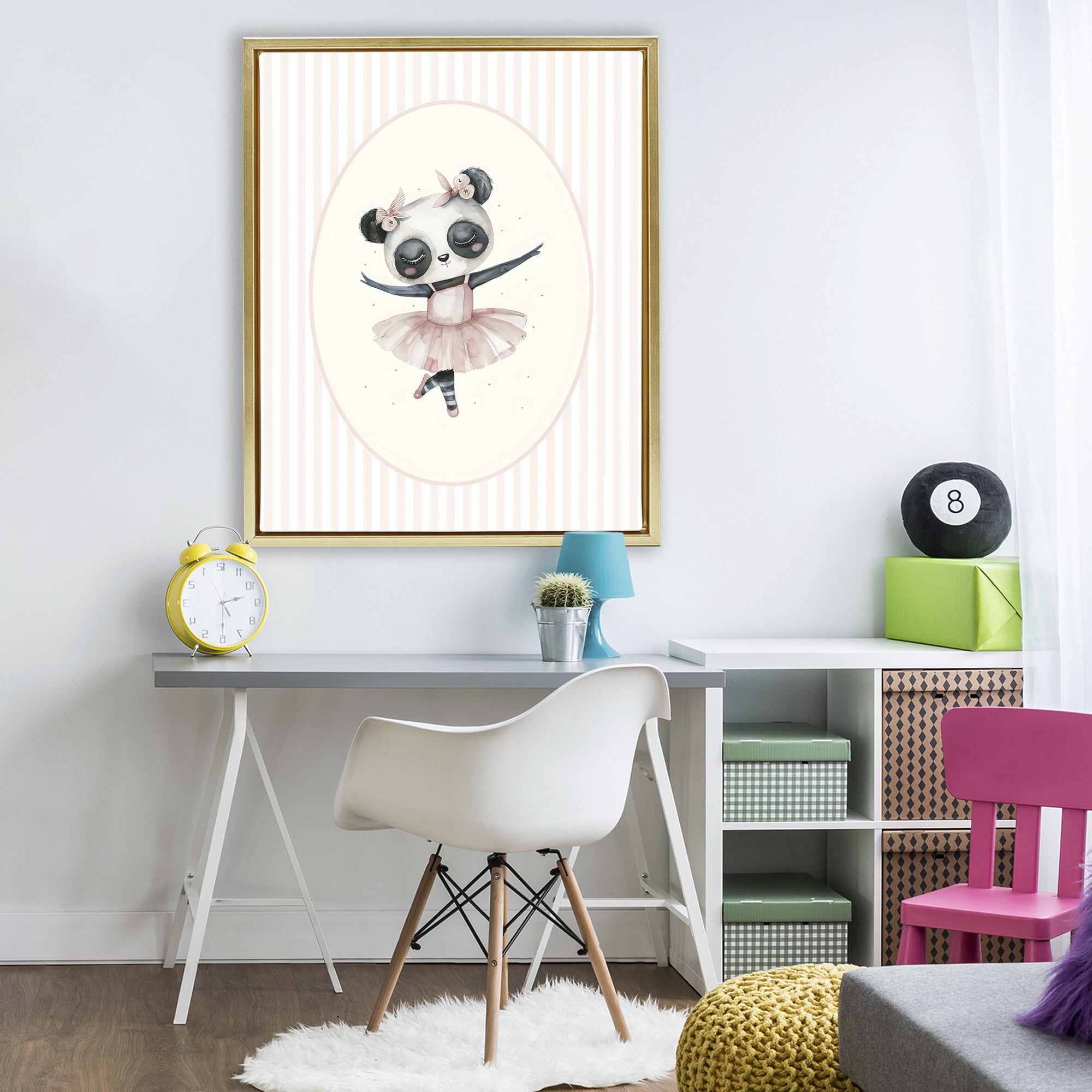 Stupell Industries Nursery Ballerina Panda Striped Gold Framed Floater Canvas Wall Art, design by LSR Design Studio