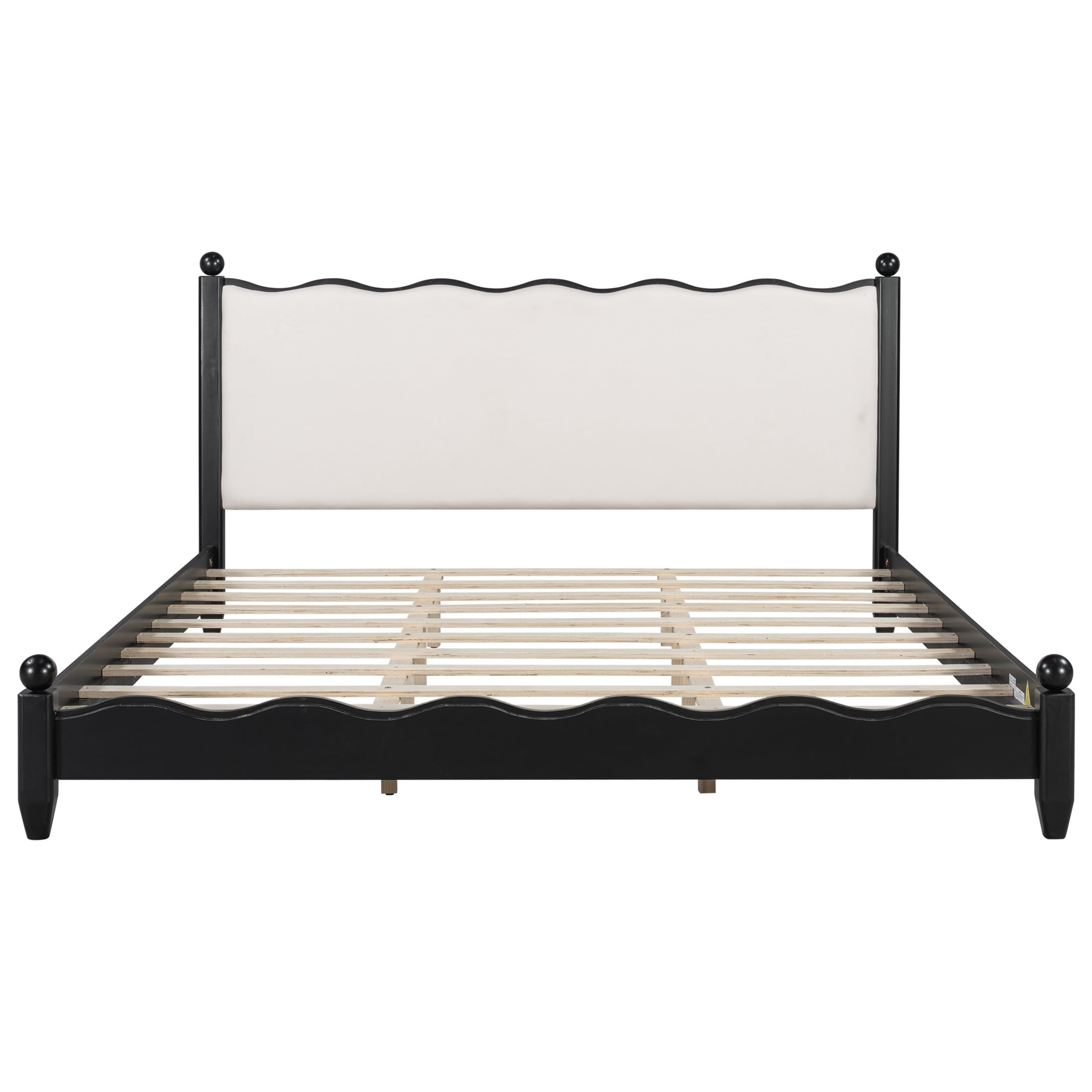 Noble House Lorven King Size Platform Bed with Scalloped Upholstered Headboard, Pine Wood Frame, Beige & Black