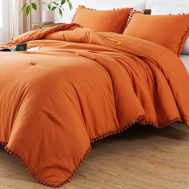 Burnt Orange Pom Pom Fringe Comforter Boho Ball Pom Comforter