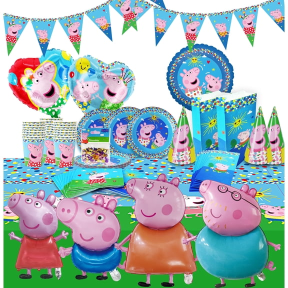 71PCS Peppaa Pig Birthday Party Supplies Set, Kids Party Tableware with Plates Cups Napkins Tablecloth, Banner Gift Bags Party Hats Peppa George Family Foil Balloons