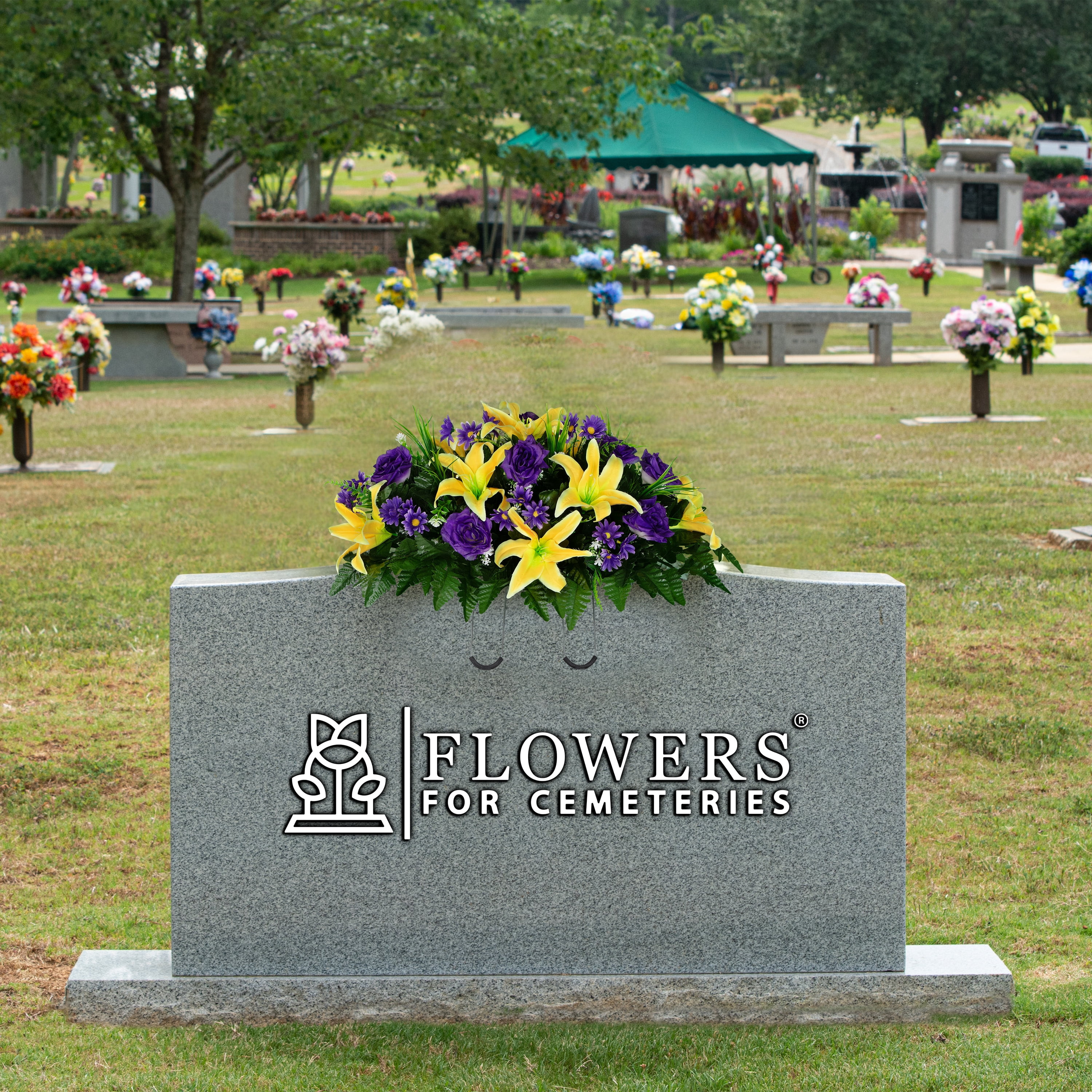 Sympathy Silks Artificial Cemetery Flowers - Yellow Lily with Purple Roses and Daisies - Saddle for Headstone