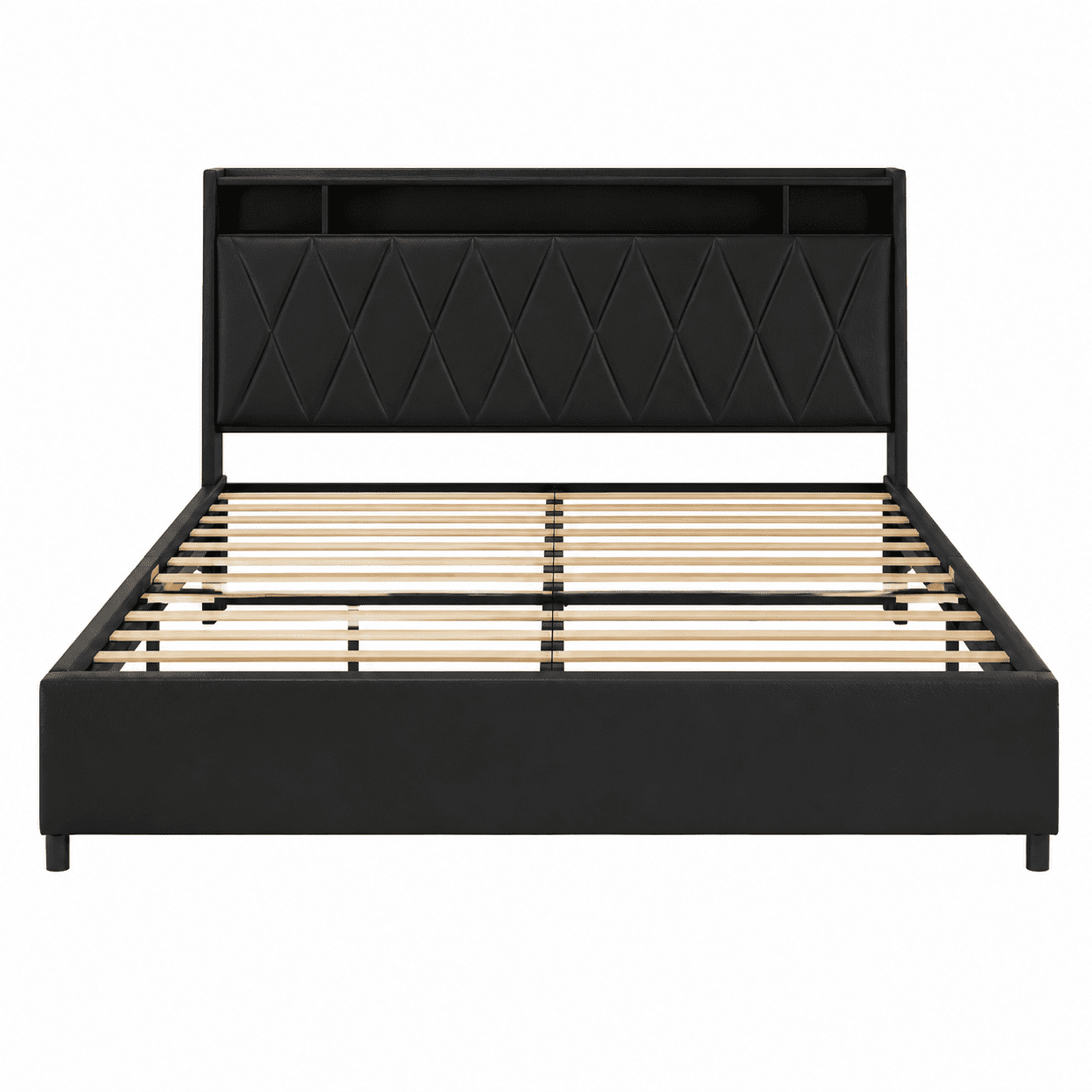 Queen Size Platform Bed Frame with Storage Shelf Headboard, Outlets & Charger, 4 Drawers