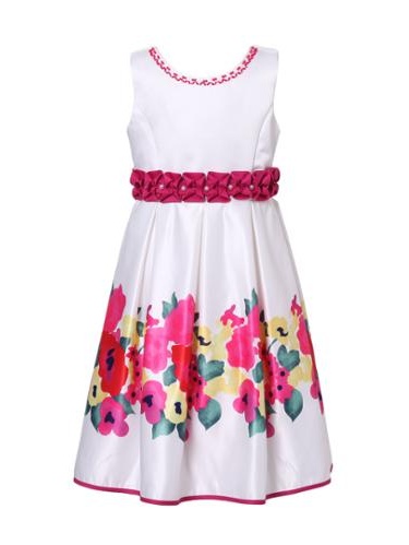 Kids Dream Flower Girl Dress - White Fuchsia Velvet Flocked, With Detachable Sash