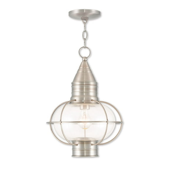 1 Light Brushed Nickel Outdoor Chain Lantern Pendant Lighting Fixture with Clear Glass Shade backed with Hand Crafted Solid Brass material for patio, front porch, entryway and more