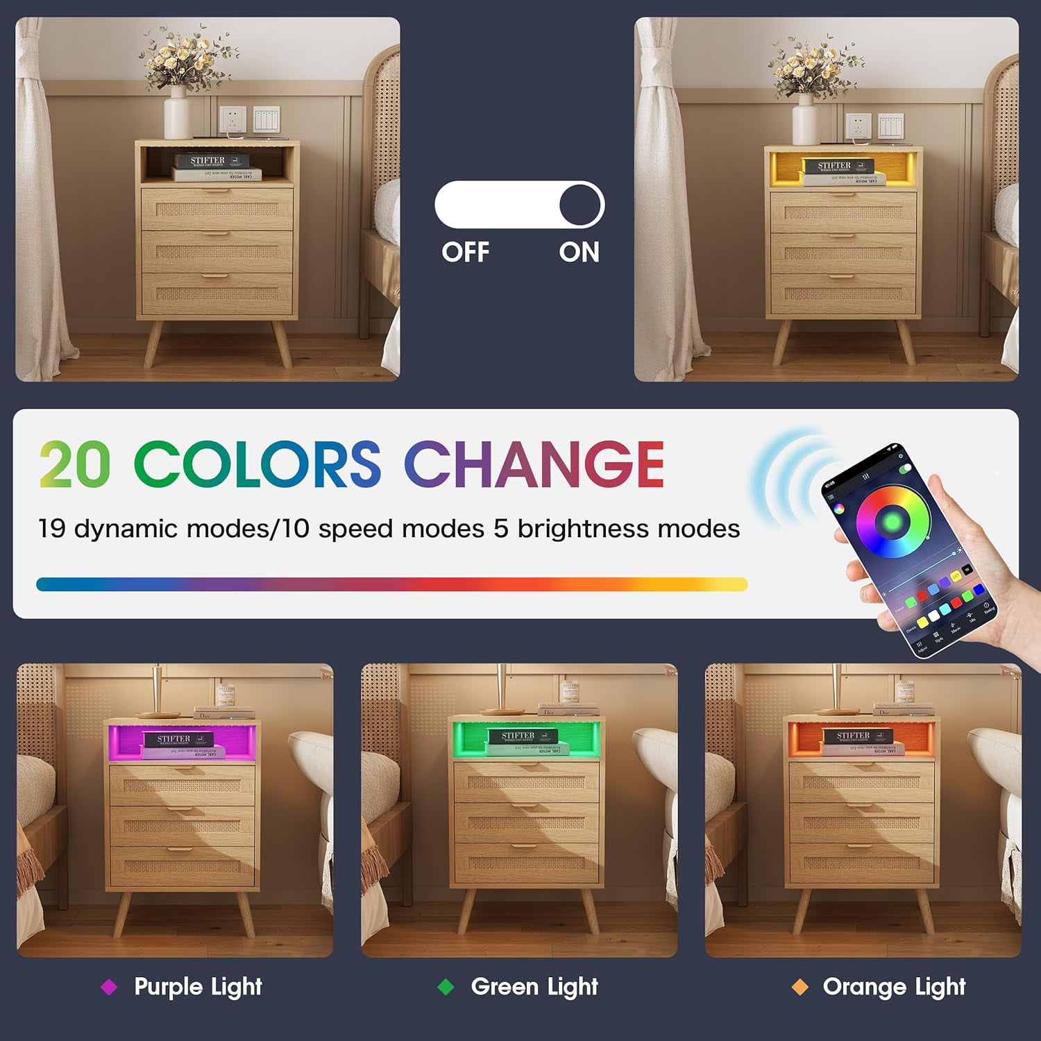 Vabches Rattan Nightstand with Charging Station and 3 Drawers for Bedroom, Living Room (1 Pack)