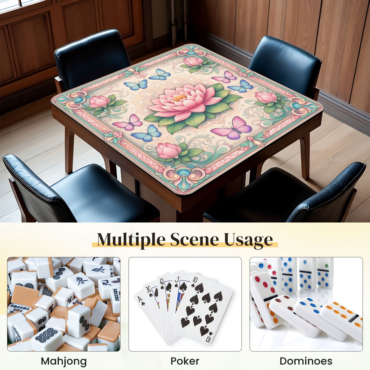 Mahjong Mat 31.5" x 31.5" Lotus Flower Butterflies Soft Pastel Colors Vintage Floral Non-Slip Noise Reduction Mahjong Tiles Table Cover for Dominoes Poker Card Board and Tile Games