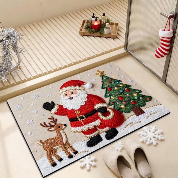 Felpudo Navideño de Punto para Baño | Felpudo Absorbente Multicolor con Base Antideslizante | Alfombra de Poliéster de Terciopelo Cristal Suave | Decoración Navideña para La Entrada Del Baño y El Sue