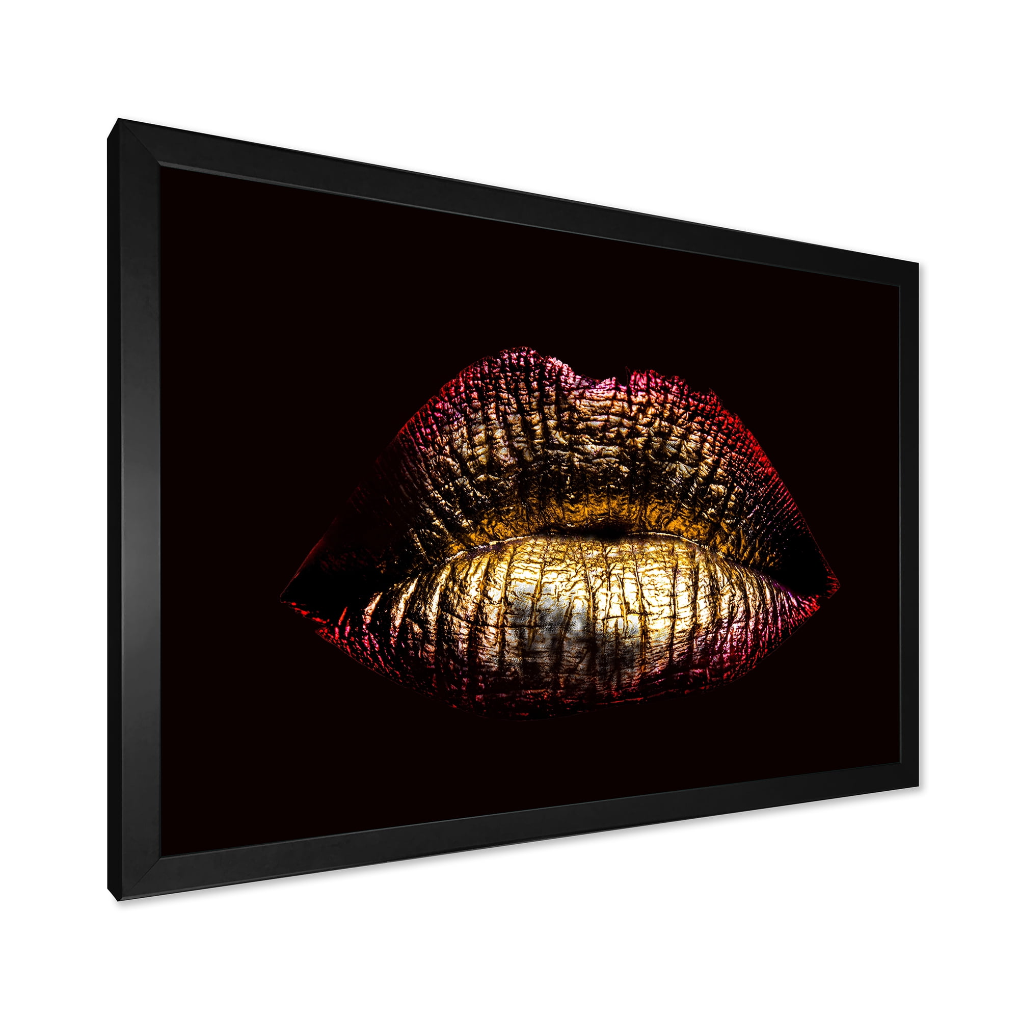 Designart 'Sexy Golden Metallized Woman Lips IV' Modern Framed Art Print
