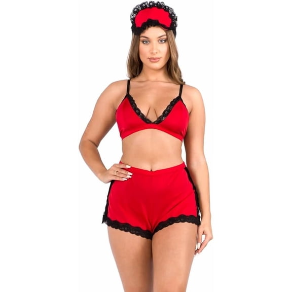 3 Piece Pajama Lace Bralette PJ Short Set with Sleep Lingerie Adjustable Straps