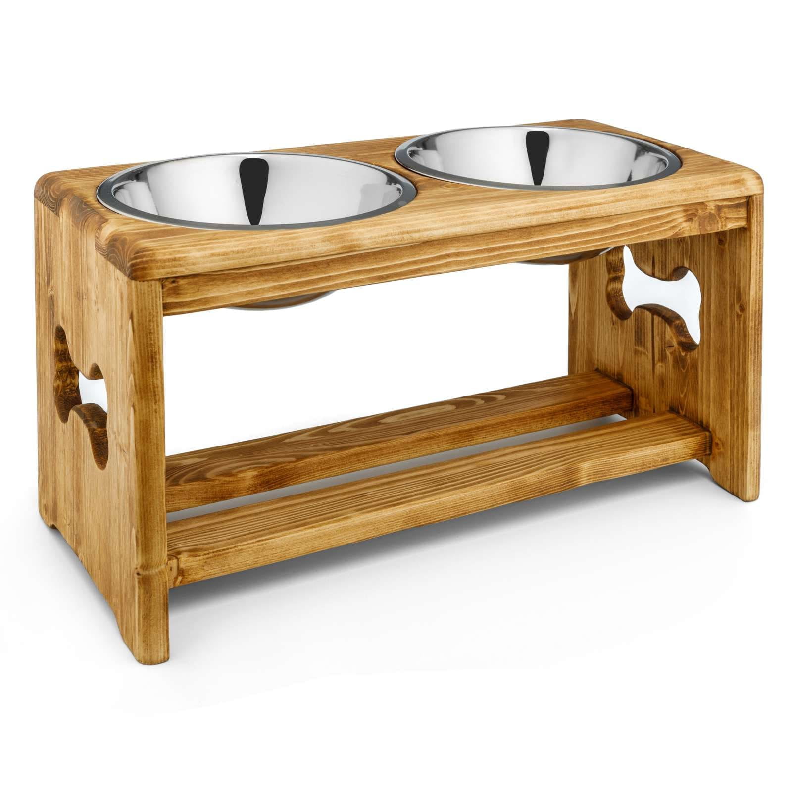 Pit Stop Pet Food Bowls with Stand, Puppy Dog Feeding Bowls with Non-Skid Wooden Stand, Set of 2 Stainless Steel Food and Water Bowls for Dogs and