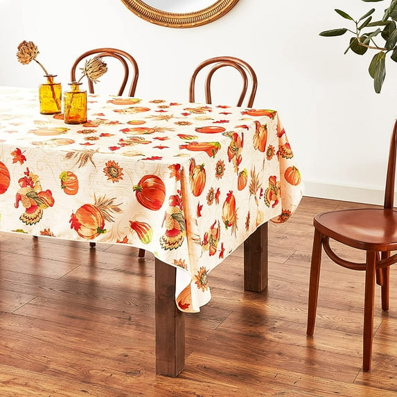 Violet Linen European Fall Harvest Autumn Turkey, Polyester Woven Printed Fabric, Beige/Multi, 60 Inch by 120 Inch, Seats 10 to 12 people Tablecloths