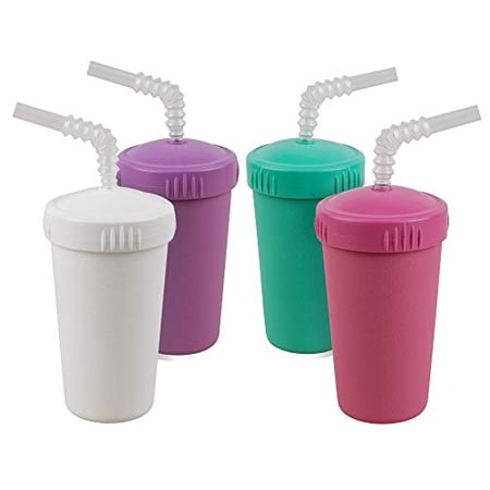 Re-Play Made in USA 4pk Straw Cups with Reversible Straws| Made from Eco Friendly Heavyweight Recycled Milk Jugs - Virtually Indestructible | Bright Pink, Aqua, Purple and White |Sparkle+