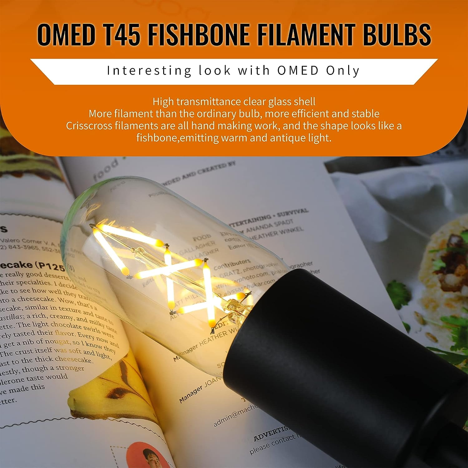 OMED Fishbone LED Filament Vintage Edison Light Bulbs, T45/T14 E26 4W Antique Tubular Light Bulbs 40 Watt Equal, 400LM 2700K Soft White Spiral Retro Tube Light Bulbs, Clear Glass, 6 Pack