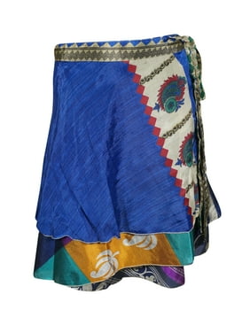 Mogul Women Blue Silk 2 Layer Sari Reversible Mini Printed Wrap Skirts