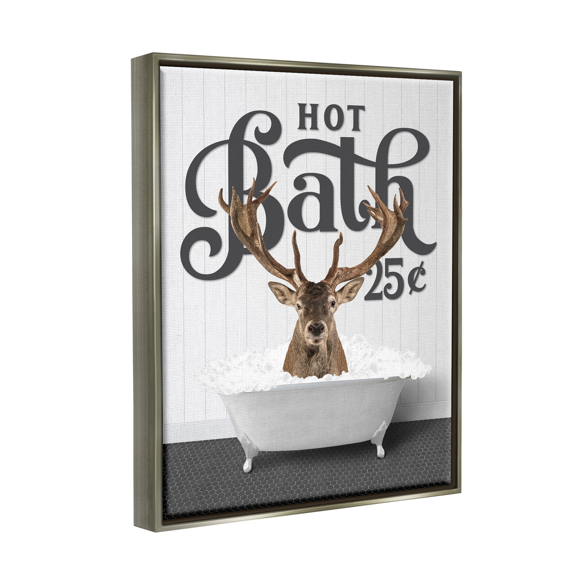 Stupell Industries Vintage Hot Bath Deer Animals & Insects Painting Gray Floater Framed Art Print Wall Art, 17 x 21