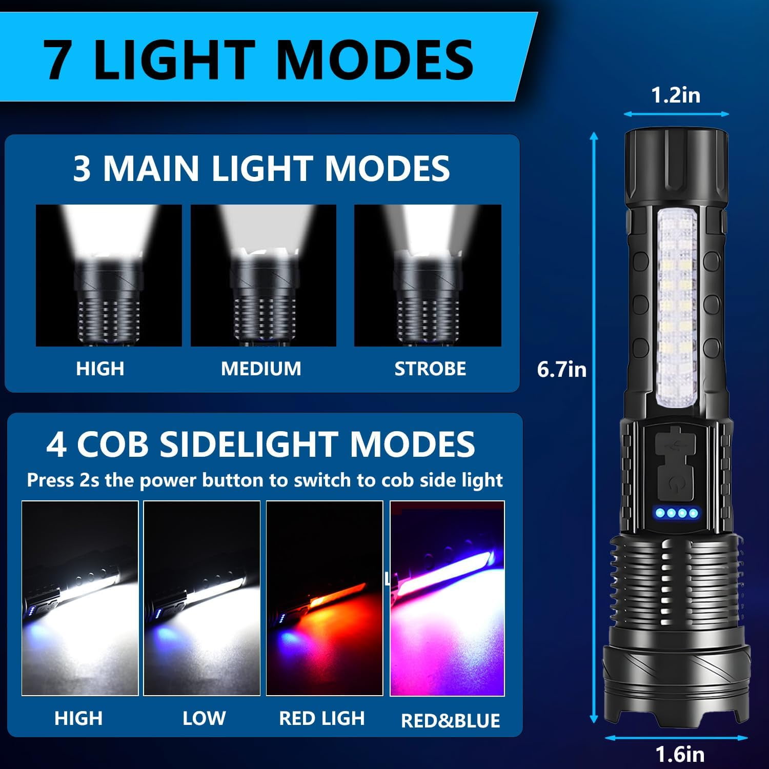 Rechargeable LED Flashlights, 990,000 Lumens Super Bright Flash Light, 7 Modes with COB Work Light, IPX6 Waterproof, Adjustable Tactical Powerful Handheld Flash Light for Home,Camping and Emergencies