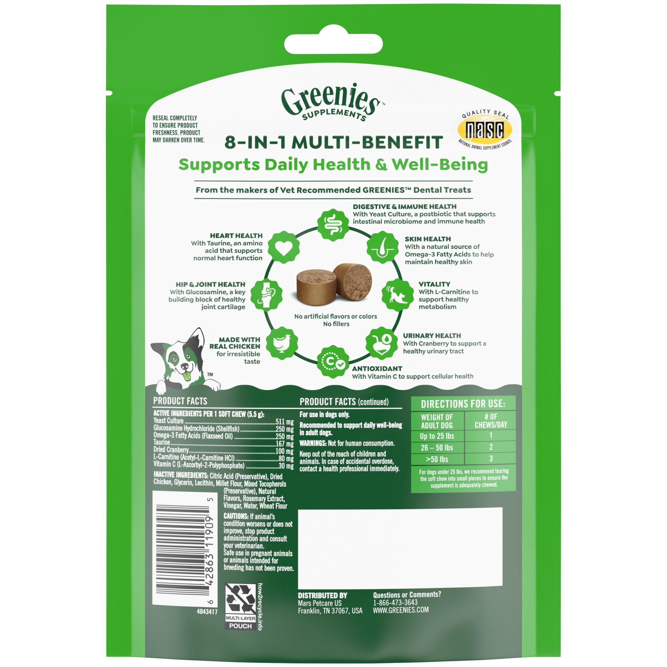 Greenies Supplements Chicken Flavor 8-in-1 Multi-Benefit Soft Dog Chews, 7.76 oz Pouch, 40 Count