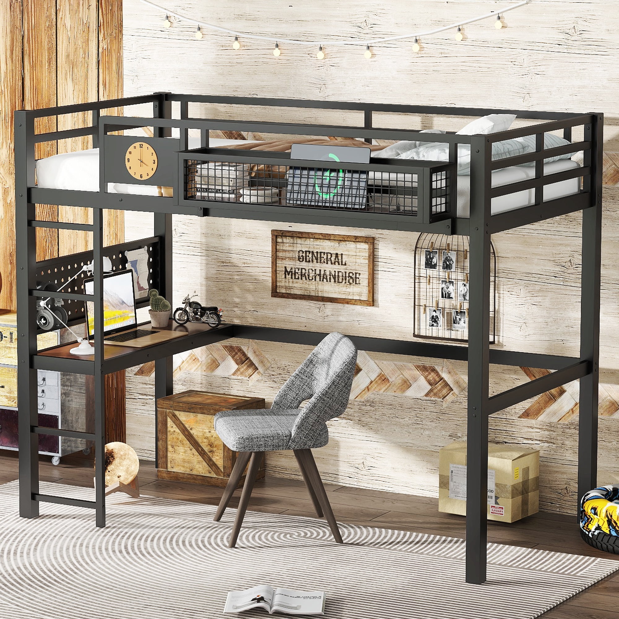 Leumius Twin XL Size Loft Bed with Desk,Metal Loft Bed Frame with Charging Port,Clock and Storage Basket,Black