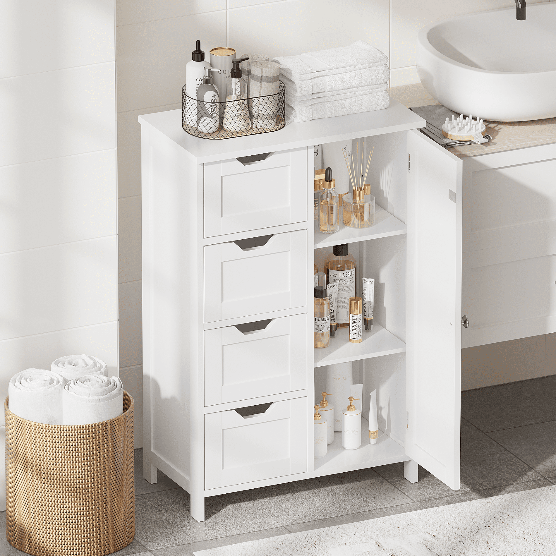 Mintazer Bathroom Floor Cabinet with Adjustable Shelf & 4 Drawer and Door, Freestanding Storage Cabinet for Bathroom & Hallway, White