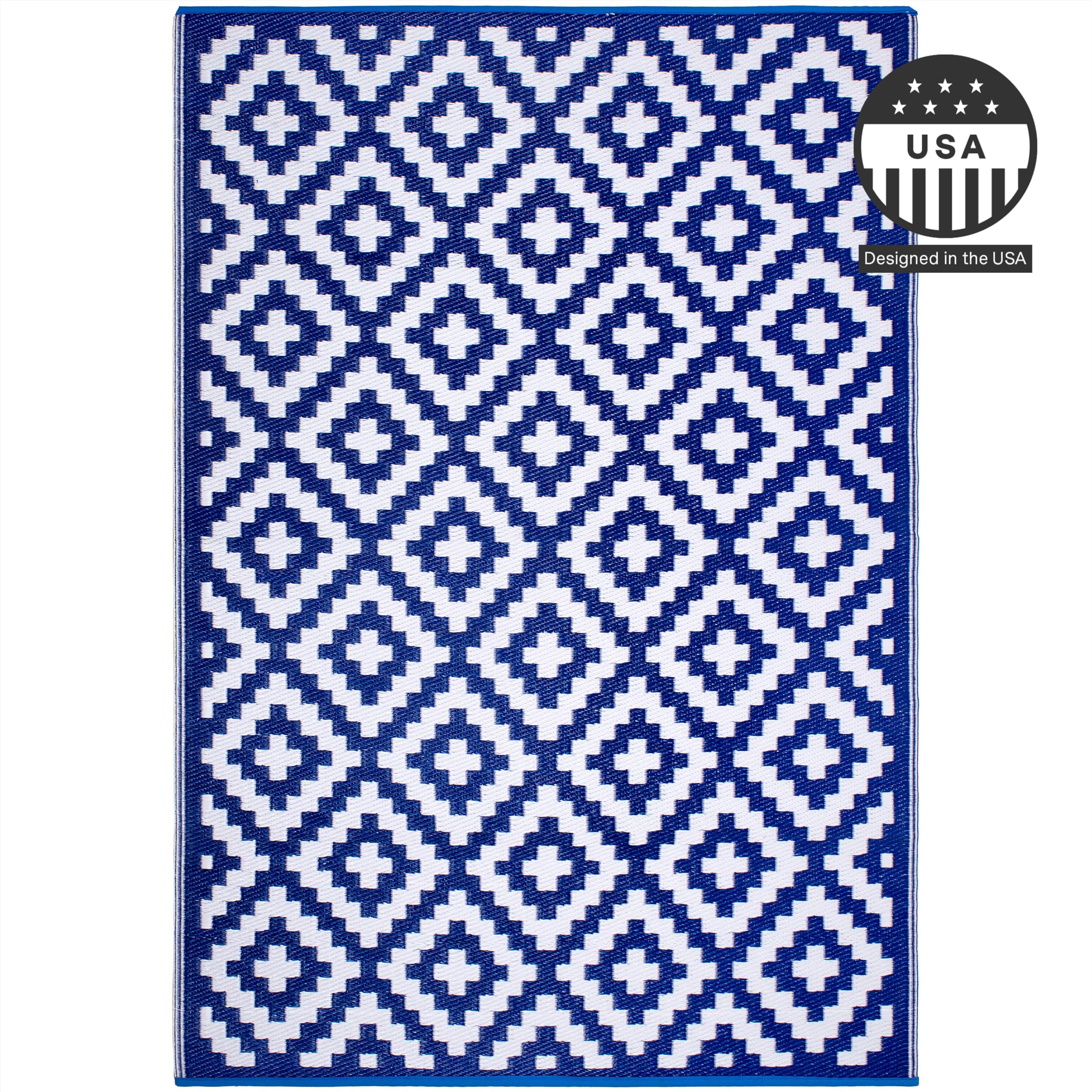 FH Home Outdoor Rug - Waterproof, Fade Resistant, Crease-Free - Premium Recycled Plastic - Geometric - Porch, Deck, Balcony, Mudroom, Laundry Room, Patio - Aztec - Blue & White - 3 x 5 ft