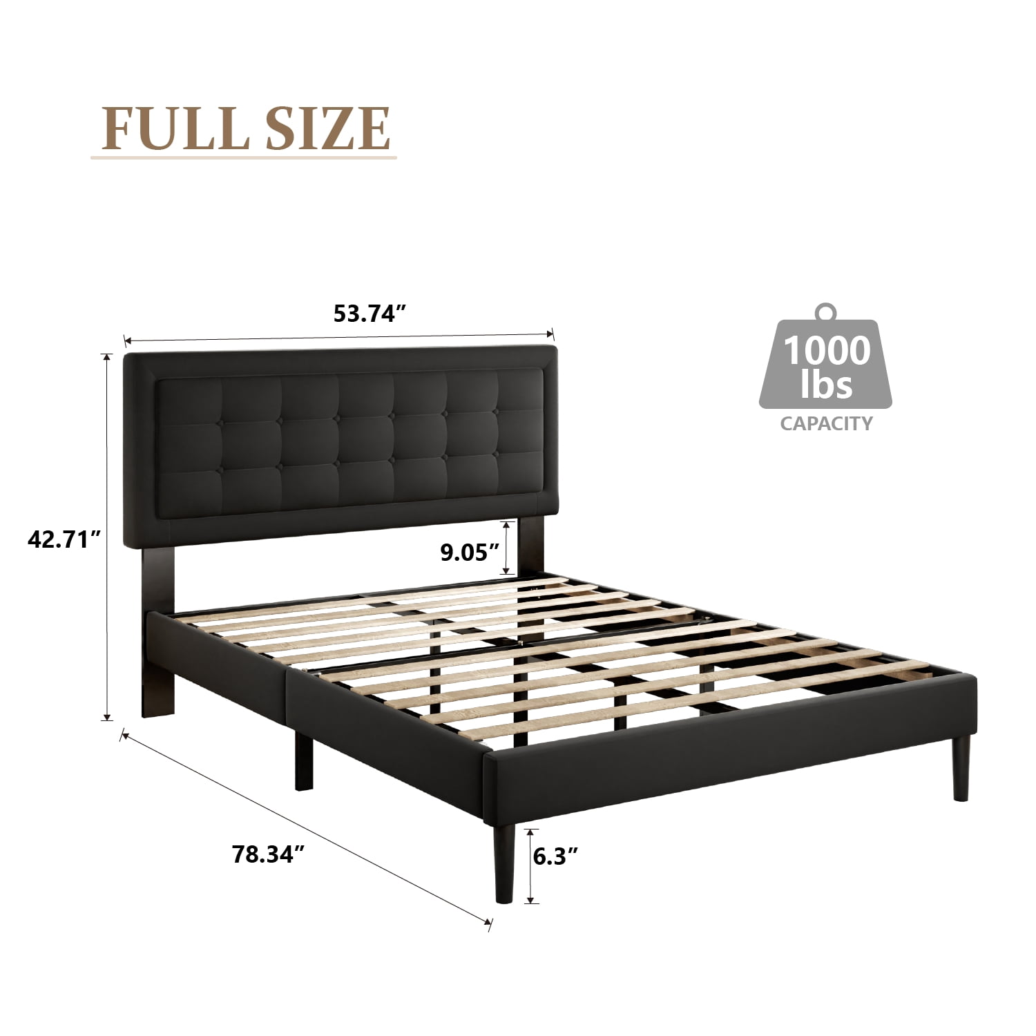 Unizone Full Size Bed Frame with Velvet Upholstered Headboard, Button Tufted Design,Wood Slats Support, No Box Spring Needed, Noise Free, Easy Assembly, Black