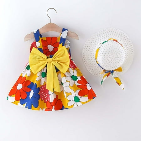 

nsendm Girls Printed Set 6M-3Y Hat Suspenders Sleeveless Dress Princess Baby Floral Bowknot Infant Girls Dresses Girls 5t Dress Dress Yellow 6-12 Months