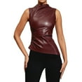 thumbnail image 2 of Women' Solid Mock Neck Sleeveless PU Leather Pleated Slim Fit Tank Top Wine Red S, 2 of 9