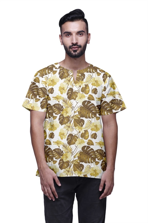 Short Sleeve Kurta For Men Printed Cotton Cambric Beach Yoga Ethnic Top