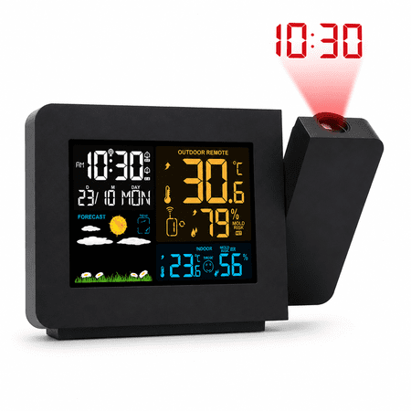 Atomic Projection Alarm Clock with Weather Station, WWVB Radio, Dual Alarms, Snooze, and Wireless Temperature & Humidity Sensor