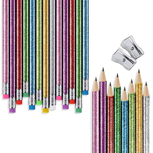 32 Pieces Glitter Colored Pencils Wood Bright Pencils Colorful Round Pencils with Top Eraser and 2 Pieces Pencil Sharpeners for Coloring Book Art Craft
