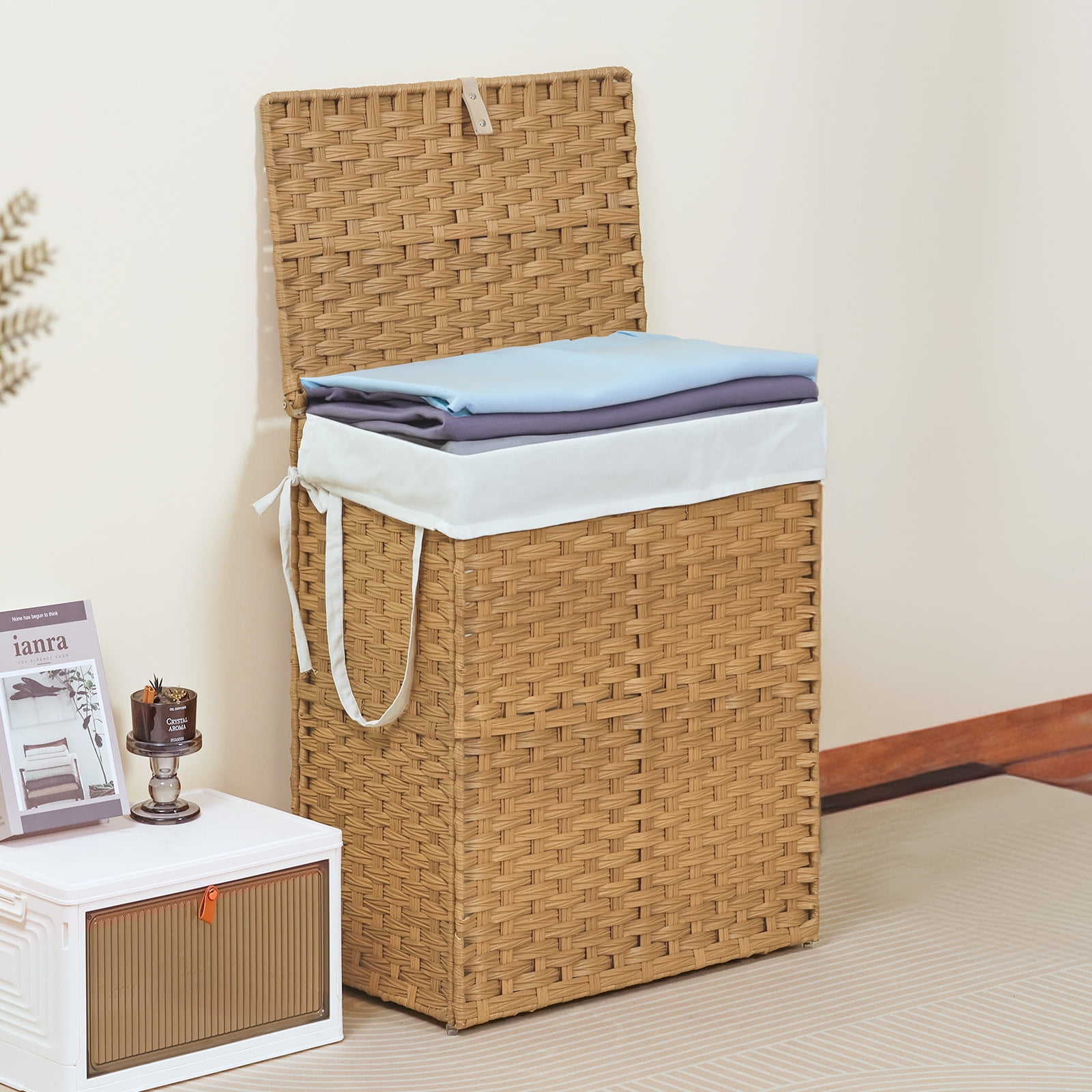 ZUNMOS Laundry Hamper, No Installation Required, with Removable Liner, 90 Liter Hand-Woven Synthetic Rattan Laundry Hamper with Lid and Handle, Collapsible, Natural