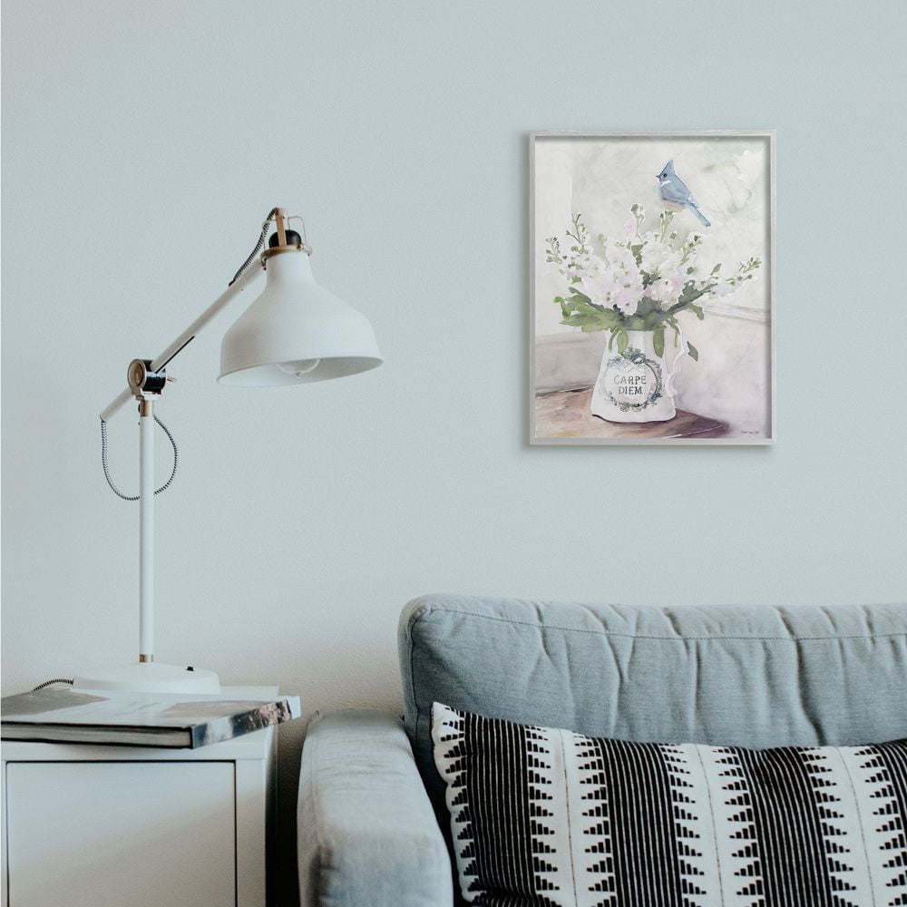 Stupell Industries Blue Cardinal on Spring Bouquet Carpe Diem Watercolor Framed Wall Art Design by Stellar Design Studio, 16" x 20", Gray Framed