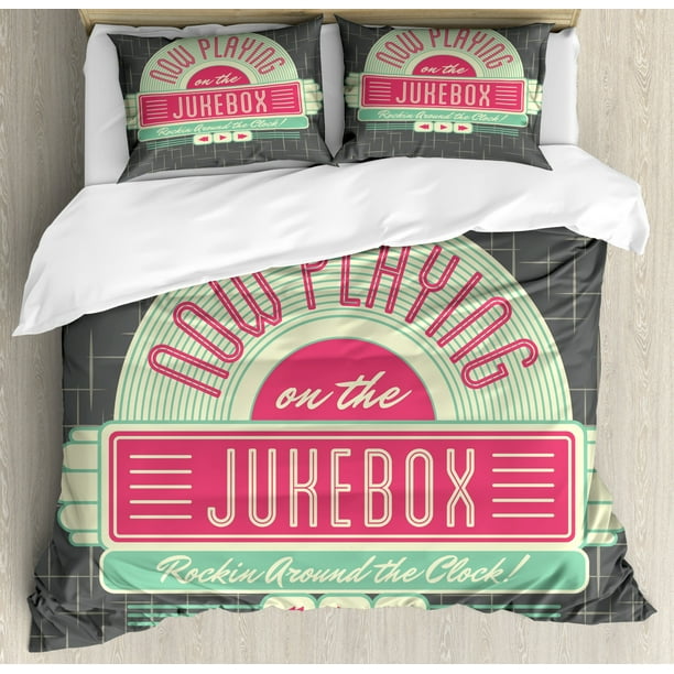 Jukebox Duvet Cover Set Charcoal Grey Backdrop With 50s Inspired Radio Box Image Decorative Bedding Pillow Shams Mint Green Hot Pink And White By Ambesonne Com Jukebox Duvet Cover Set Charcoal Grey, Pink Grey And Mint Bedding