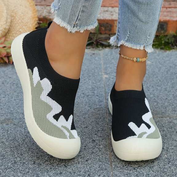 Women's Slip On Sneakers Lightweight Breathable Mesh Woven Walking Shoes Low Top Wide Width Non-Slip Tennis Shoes Black 6