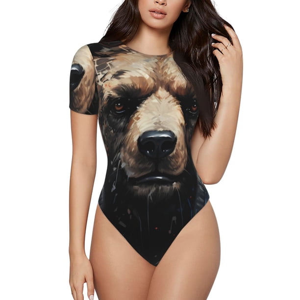 Fotbe Urban Bear With Headphones Body de Mujer con Cuello Redondo y Mangas Cortas, Sin Mangas Ajustado, Suave, Cómodo y Básico-Small