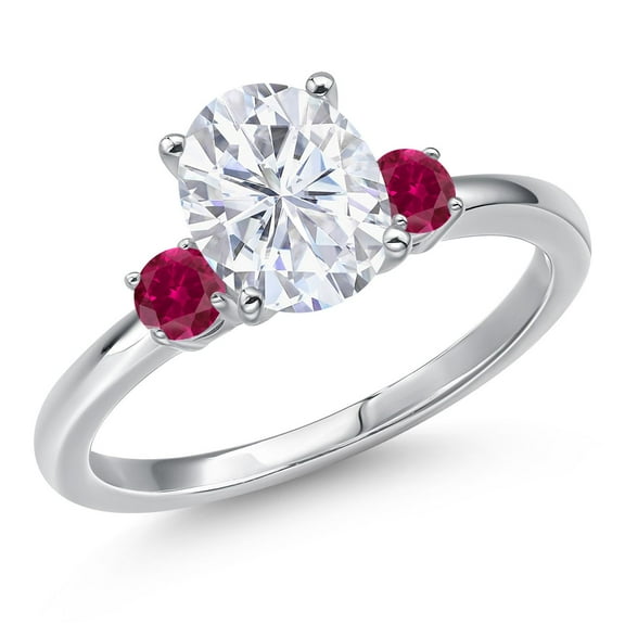 Gem Stone King 14K White Gold White Moissanite and Red Created Ruby Engagement Ring for Women | 2.38 Cttw | Oval 9X7MM | Gemstone Birthstone | Size 5