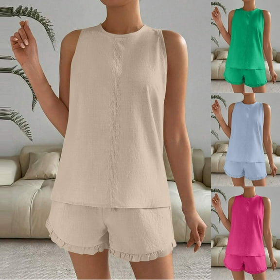Deals Yteetum 2025 Short Sets for Women Summer Solid Color Loose Sleeveless T Shirts and Shorts Sets Ladies Comfortable Lightweight Tank Top and Ruffle Soft Shorts Two Piece Set Suits
