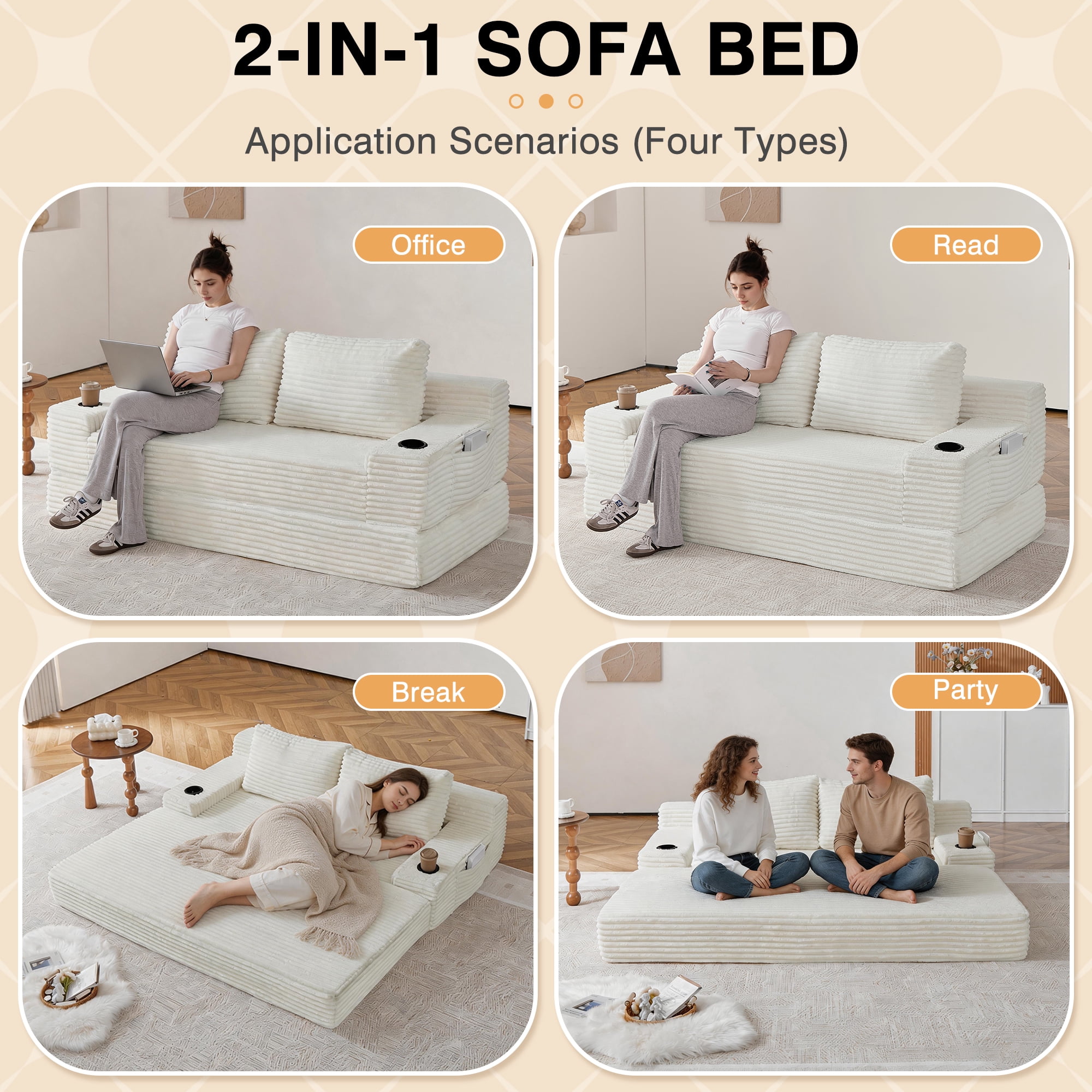 Leumius Futon Sofa Bed,Convertible Corduroy Boneless Couch with Cup Holders & Pocket,2-in-1 Foldable Sleeper Sofa for Living Room, Small Spaces, Bedroom, No Assembly,Beige